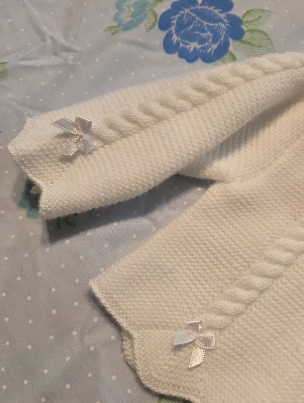 Royal Spring Knit -Pili Carrera Spain White Baby Sweater Button Back Ribbon Trim